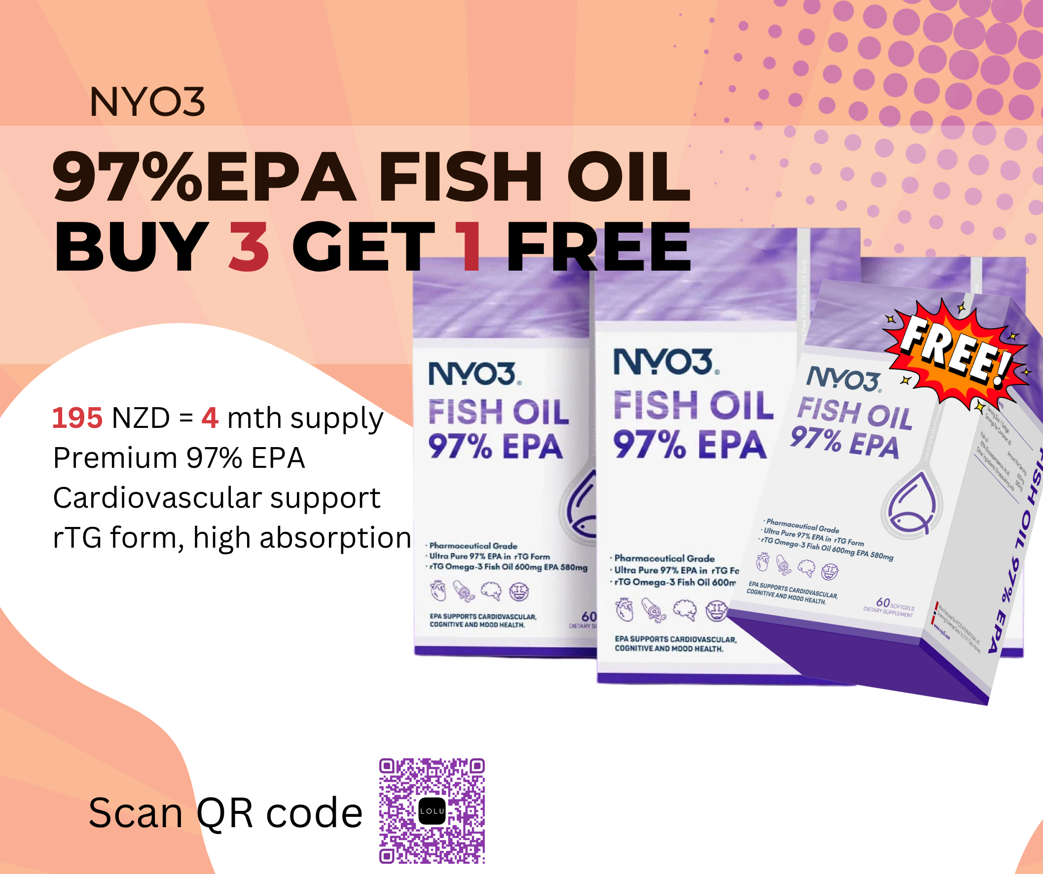 NYO3 97% EPA fish oil promotion – buy 3 get 1 free deal, rTG form for high absorption, supports heart and cardiovascular health, 4-month supply for $195 NZD