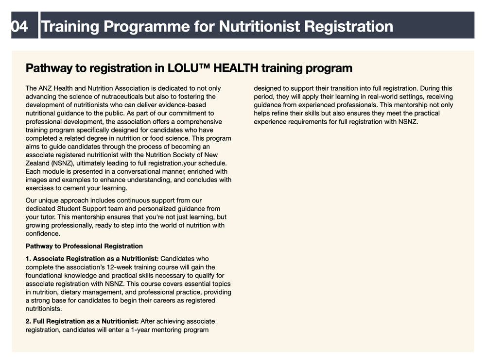 
                  
                    LOLU™ HEALTH Nutrition Training Program (Course led by Registered Nutritionist, Reg. 82021301; and Registered Dietician, Reg. 20-02273)
                  
                