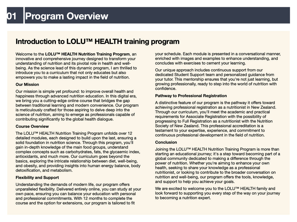 
                  
                    LOLU™ HEALTH Nutrition Training Program (Course led by Registered Nutritionist, Reg. 82021301; and Registered Dietician, Reg. 20-02273)
                  
                