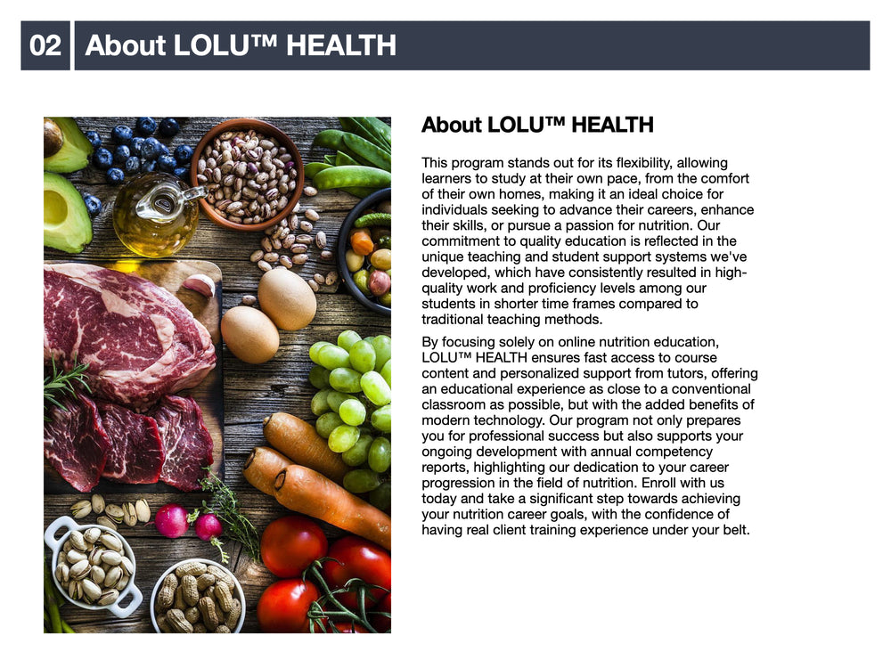 
                  
                    LOLU™ HEALTH Nutrition Training Program (Course led by Registered Nutritionist, Reg. 82021301; and Registered Dietician, Reg. 20-02273)
                  
                