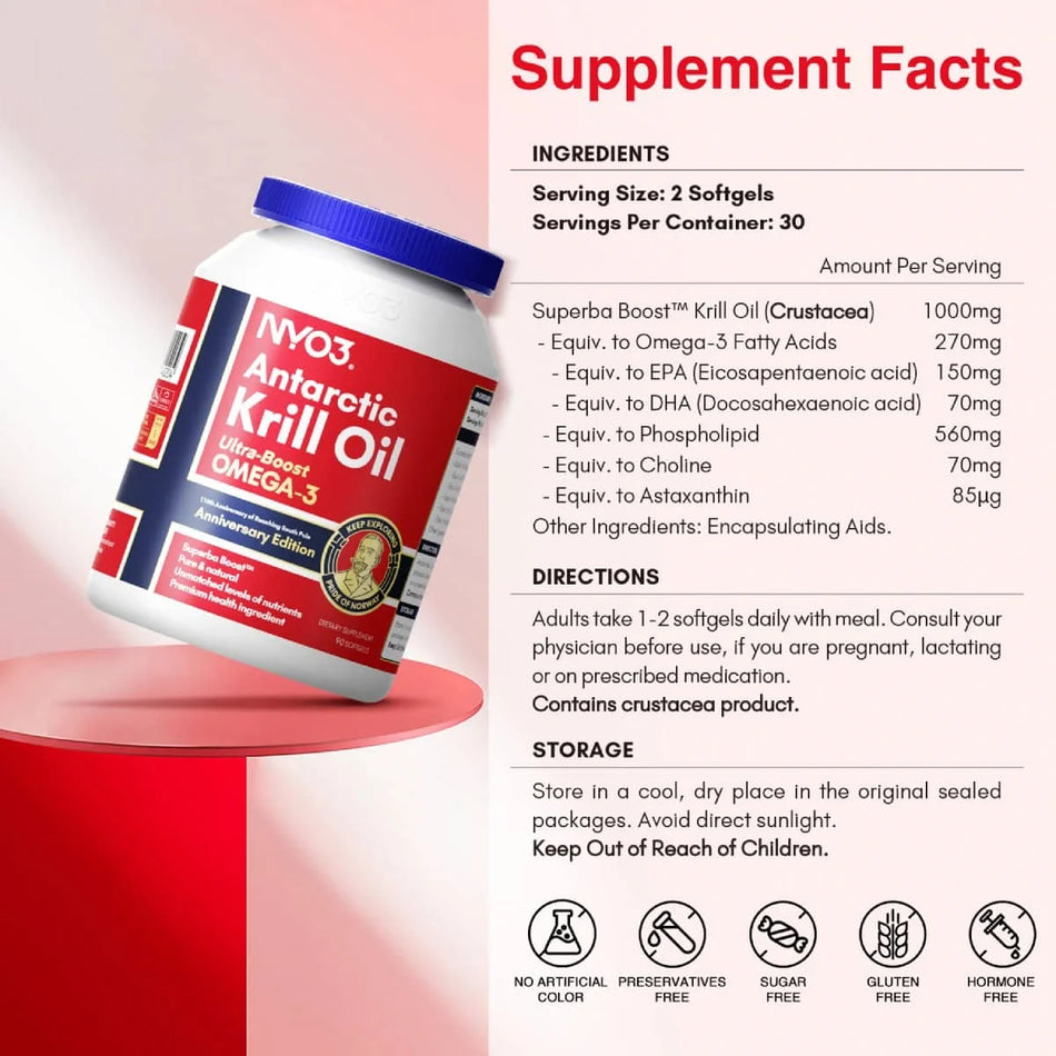 Buy 3 NYO3® Antarctic Krill Oil Amundsen Omega 3 Softgels 500mg 90s get FREE Super Astaxanthin