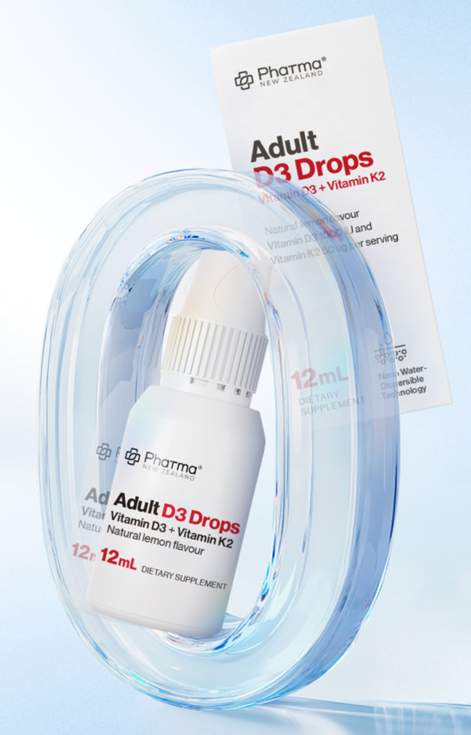 Pharma New Zealand® 성인 D3 드롭스 | 비타민 D3 + K2 | 12mL