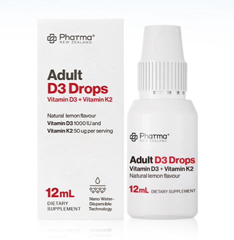 Pharma New Zealand® 성인 D3 드롭스 | 비타민 D3 + K2 | 12mL