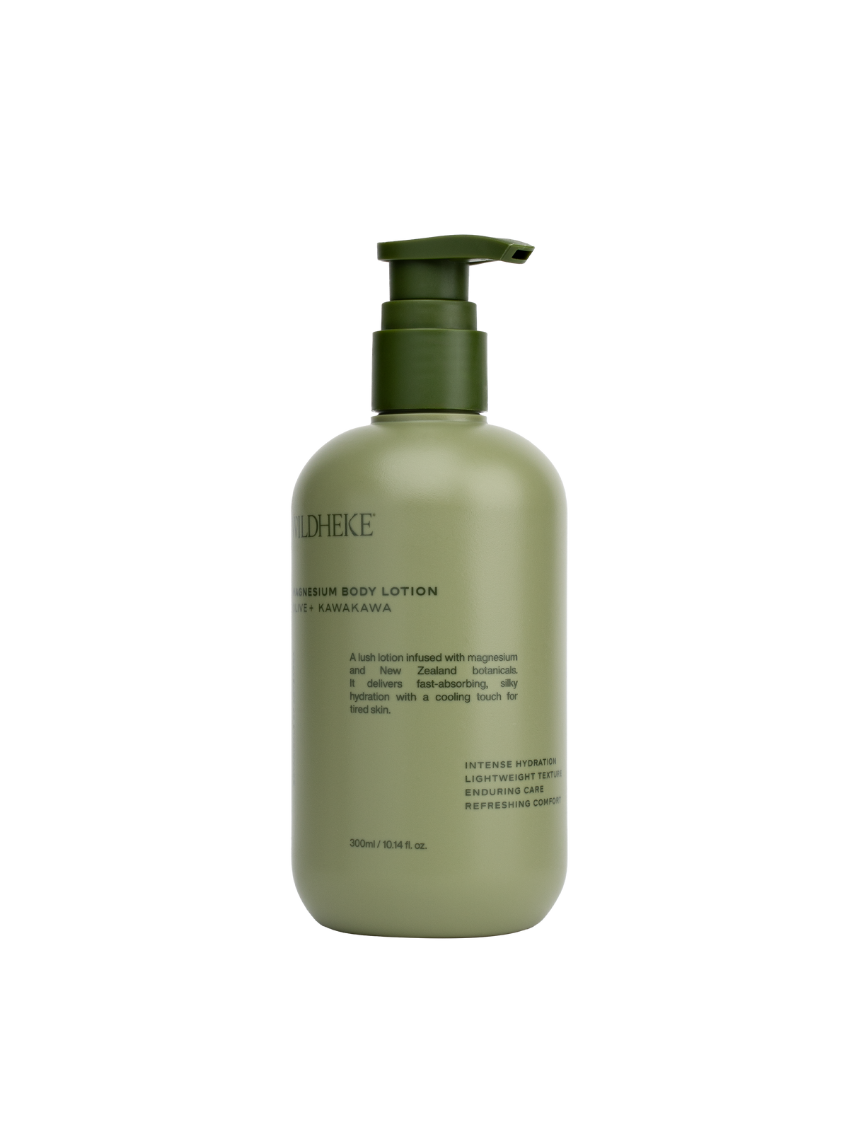 Green bottle of body lotion with pump on a white background